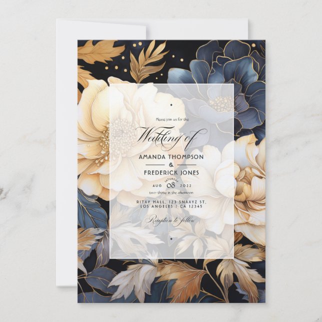 Gold, Black and White Floral Winter Wedding Invitation (Front)
