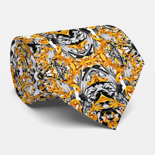 GOLD BLACK AND WHITE ITALIAN BAROQUE PRINT MEN'S TIE (Rolled)