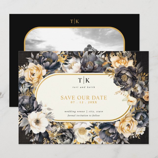 Gold Black and White Moody Wedding Save The Date (Front/Back)