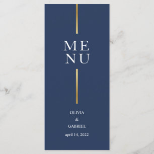 Gold black and white. Simple modern blue wedding Menu