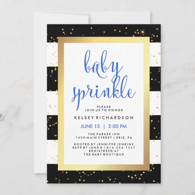 Gold Black and White Stripes Baby Sprinkle | Blue Invitation (Front)