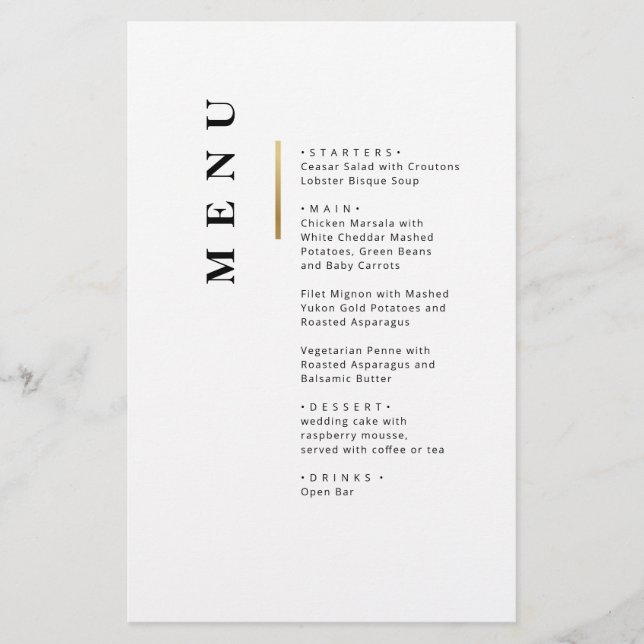 Gold Black and white Typography wedding menu (Front)