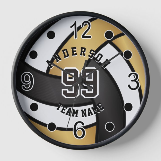 Gold, Black and White Volleyball  Clock (Front)
