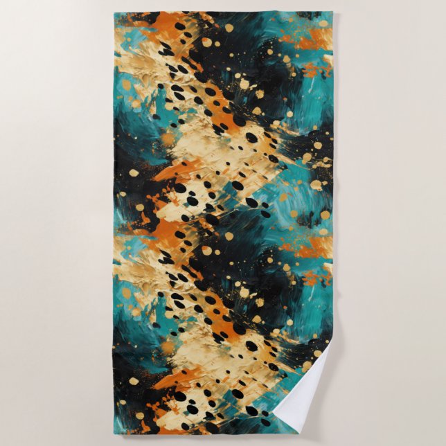 Gold Black Aqua Orange Leopard Abstract Beach Towel (Front)