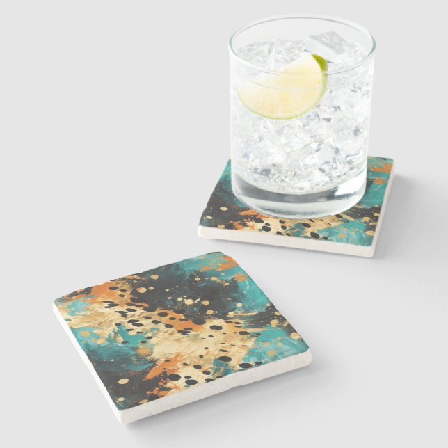 Gold Black Aqua Orange Leopard Abstract Stone Coaster (Side)