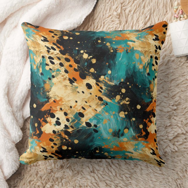 Gold Black Aqua Orange Leopard Abstract Throw Pillow (Blanket)