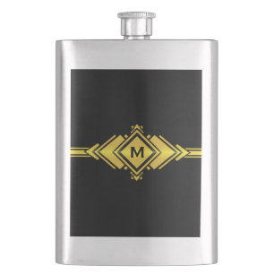 Gold & Black Art Deco Belt Monogram Hip Flask