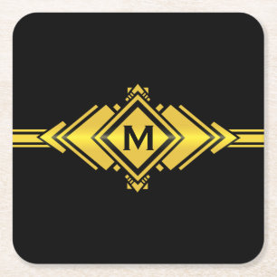 Gold & Black Art Deco Belt Monogram Square Paper Coaster