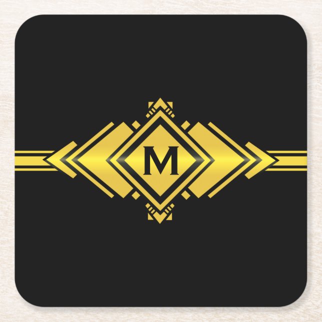 Gold & Black Art Deco Belt Monogram Square Paper Coaster (Front)