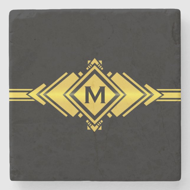 Gold & Black Art Deco Belt Monogram Stone Coaster (Front)