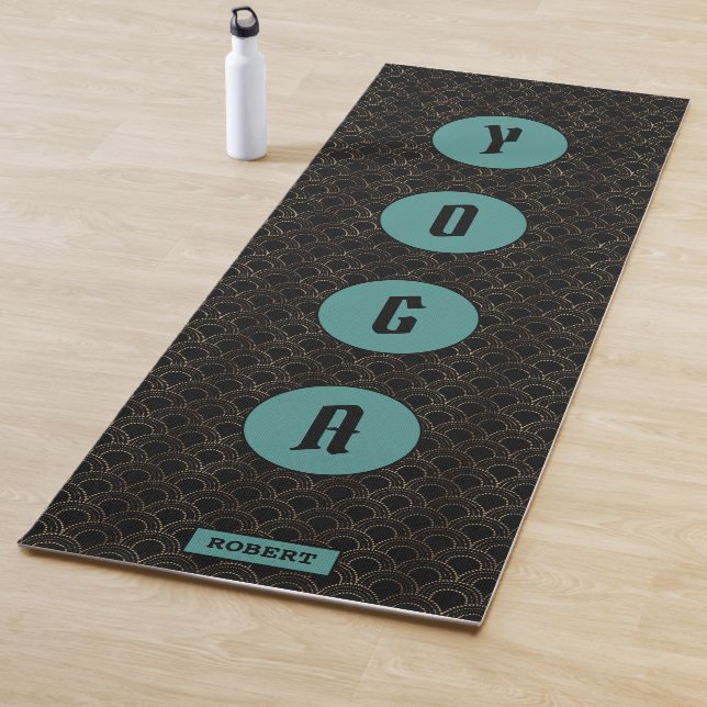 Gold Black Art Deco Pattern Green Monogram Yoga Mat (In Situ)