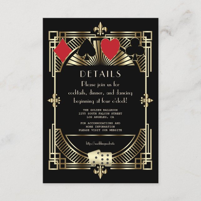 Gold Black Art Deco Roaring 20s Wedding Reception Enclosure Card (Front)