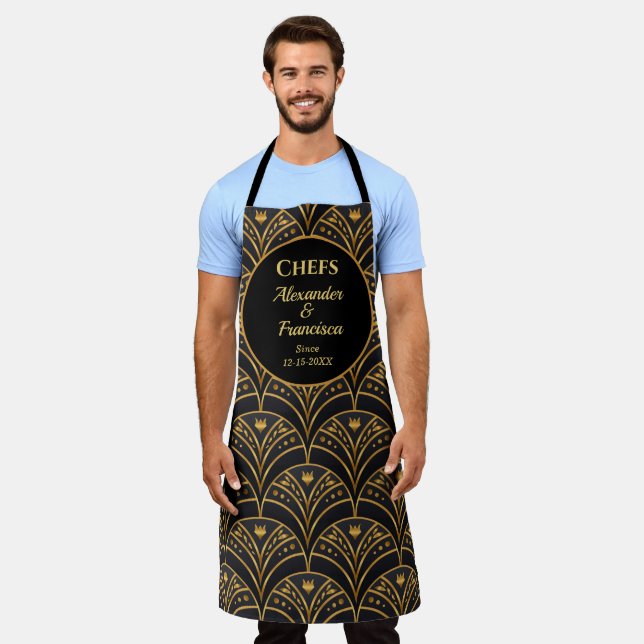 Gold Black Art Deco Scallop Pattern Personalize Apron (Worn)