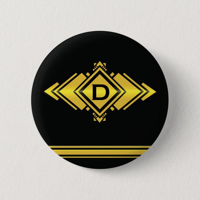 Gold & Black Art Deco Style Monogram 2 Inch Round Button (Front)