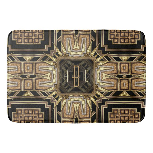 Gold+Black Art Deco Sunburst Pattern Monogram Mat (Front)