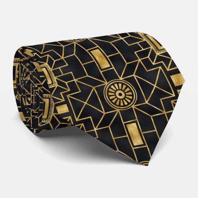 Gold black art deco tiled pattern neck tie  (Rolled)