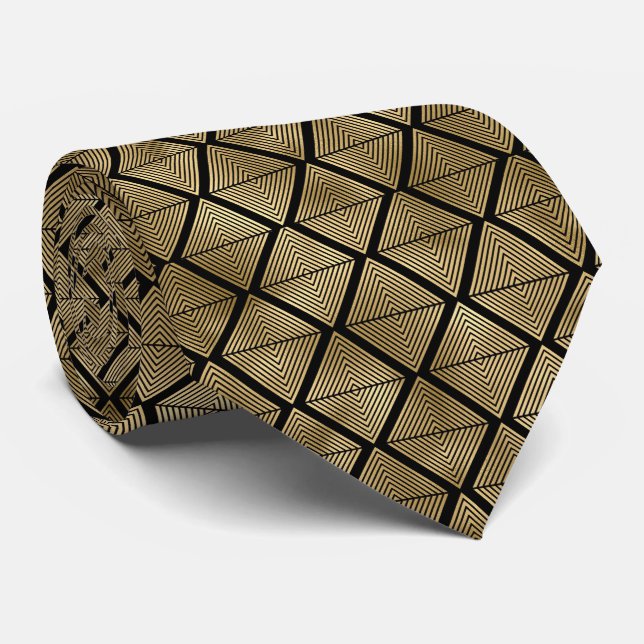 Gold black art deco tiled pattern neck tie (Rolled)