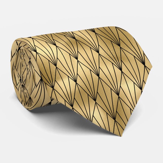 Gold black art deco tiled pattern neck tie (Rolled)