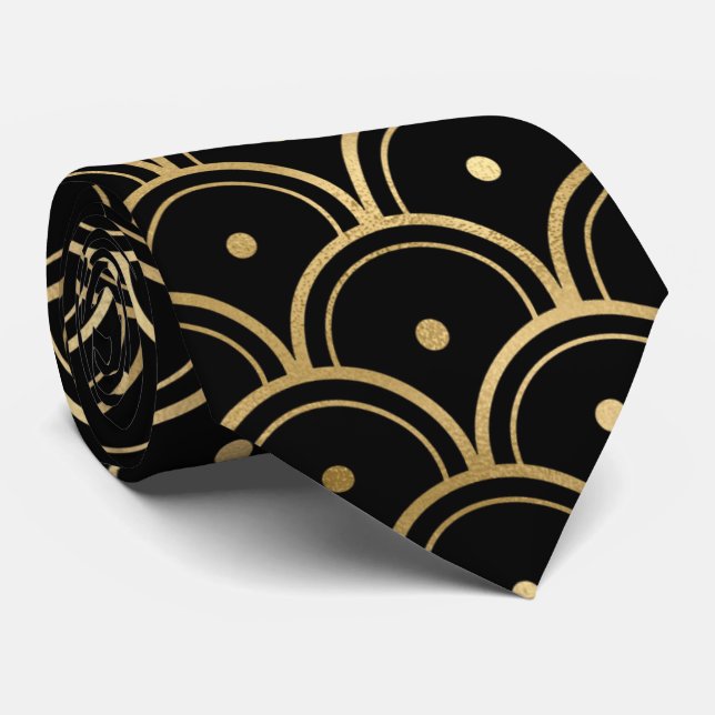 Gold black art deco tiled pattern neck tie (Rolled)