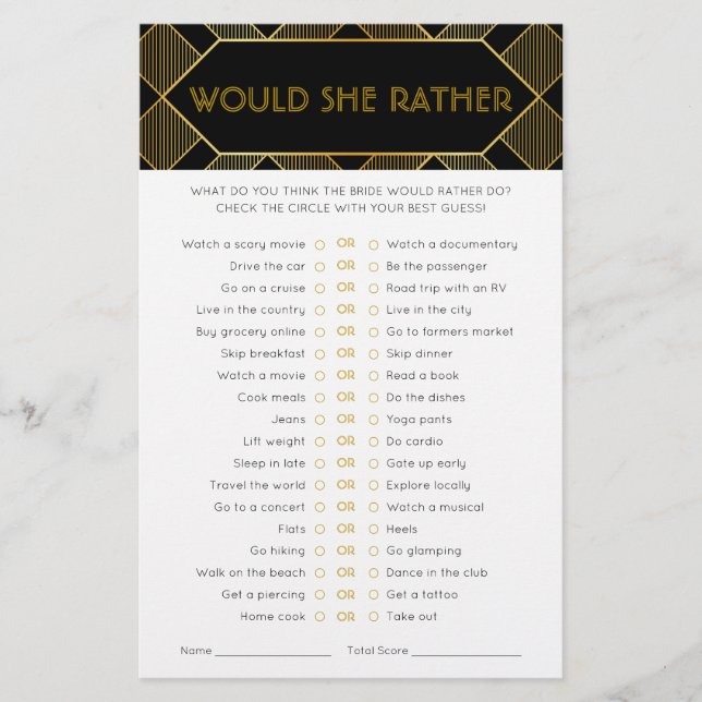 Gold & Black Art Deco Vintage Bridal Shower Game (Front)