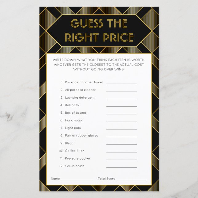 Gold & Black Art Deco Vintage Bridal Shower Game (Front)