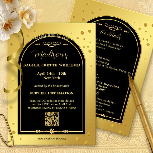 Gold Black Bachelorette Weekend Itinerary Invitation (Bachelorette weekend getaway invitation program template with a gold black confetti sparkles design)