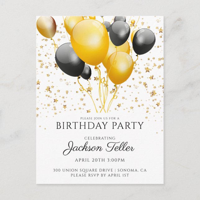 Gold Black Balloons Birthday Party Invitation (Front)