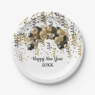 Gold Black Balloons Confetti New Years Eve Party  Paper Plate