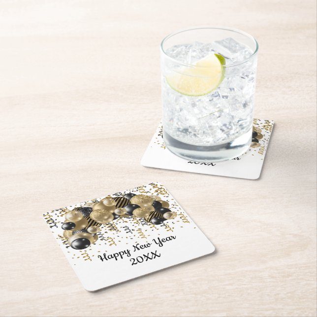 Gold Black Balloons Confetti New Years Eve Party  Square Paper Coaster (Insitu)