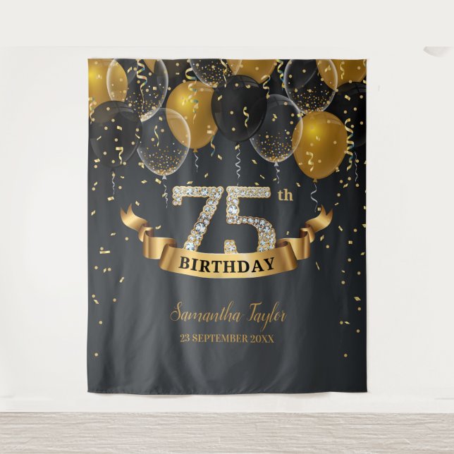 Gold black balloons diamond 75th birthday party tapestry (Front)