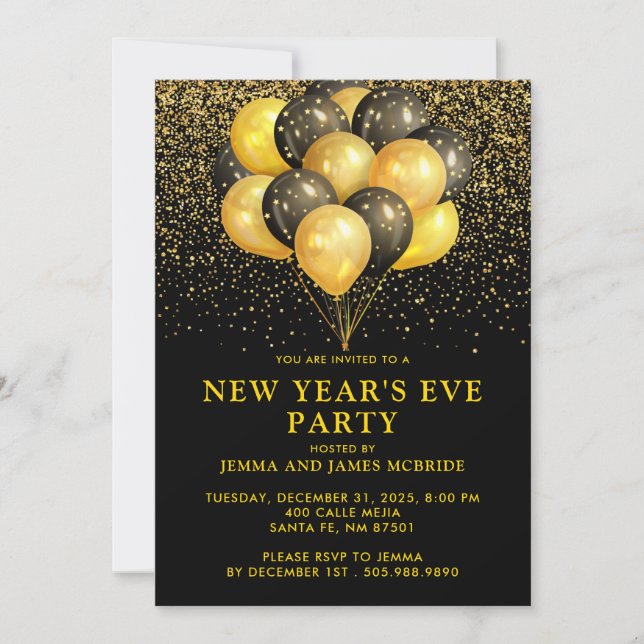 Gold Black Balloons Glitter New Year's Eve Party Invitation (Front)