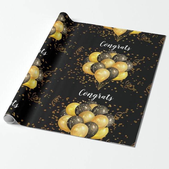 Gold Black Balloons Retirement Party Wrapping Paper (Unrolled)