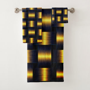 Gold Black Bath Towel Set Golden Lattice Design