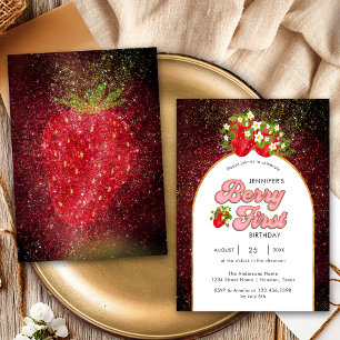 Gold Black Berry 1st Birthday Strawberry Glitter Invitation