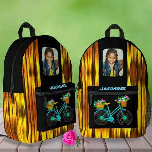 Gold Black Bike Floral Custom Name Photo School  Printed Backpack