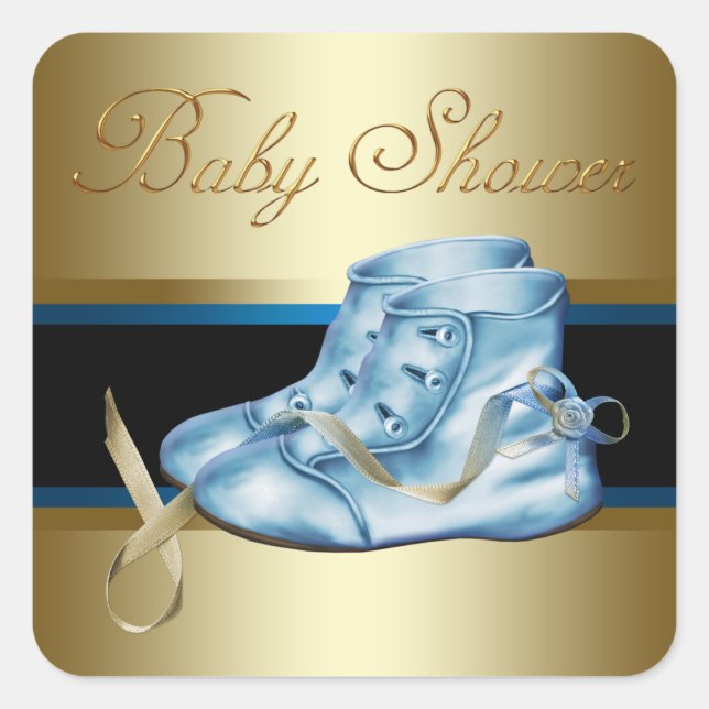 Gold Black Blue Baby Booties Boy Shower Stickers (Front)