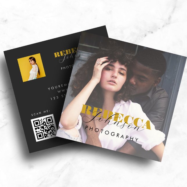 Gold Black Bold Script 2 Photo Minimal QR Code     Square Business Card (Creator Uploaded)