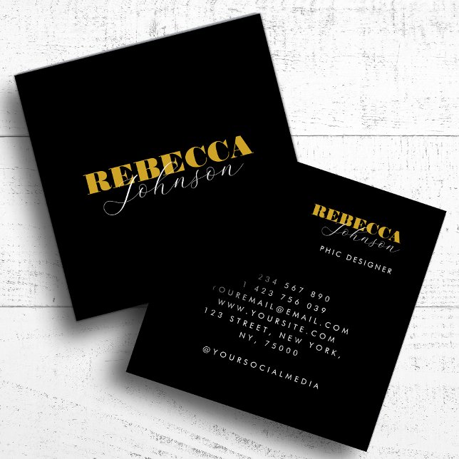 Gold & Black Bold Script Photo Minimal Typography Square Business Card (Creator Uploaded)