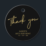 Gold & Black Brush Script Birthday Party Thank you Favour Tags<br><div class="desc">This simple custom thank you sticker will add stylish detail to your special day. This design features modern gold script lettering " Thank you" with custom text. Matching milestone birthday invitations and party supplies are available in my shop BaraBomDesign.</div>