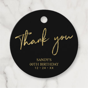 Gold & Black Brush Script Birthday Party Thank you Favour Tags