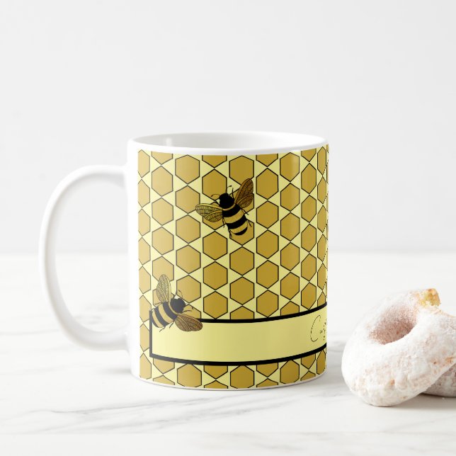 GOLD BLACK BUMBLE BEES BUTTER YELLOW HONEYCOMB  COFFEE MUG (With Donut)