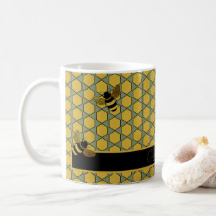 GOLD BLACK BUMBLE BEES ON GREEN HONEYCOMB PATTERN  COFFEE MUG