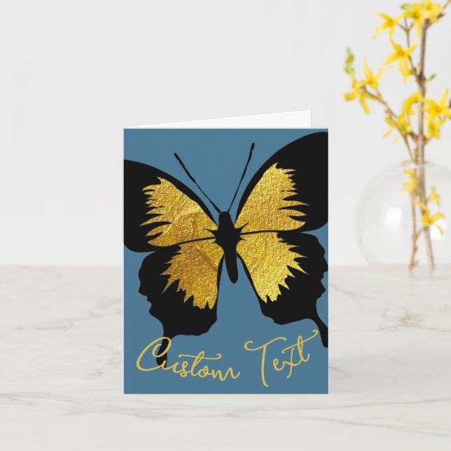 GOLD BLACK BUTTERFLY CUSTOM SCRIPT TEXT DENIM BLUE CARD (Yellow Flower)