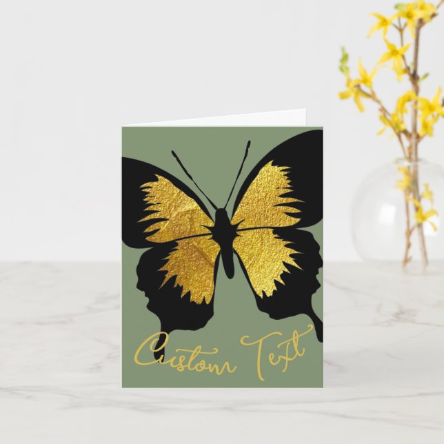 GOLD BLACK BUTTERFLY CUSTOM SCRIPT TEXT SAGE GREEN CARD (Yellow Flower)