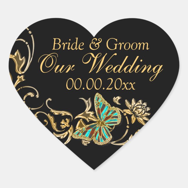 Gold black butterfly wedding engagement heart sticker (Front)
