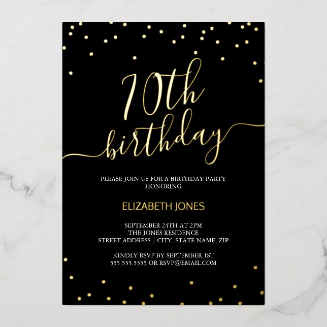 Gold Black Calligraphy Confetti 70th Birthday (Front)
