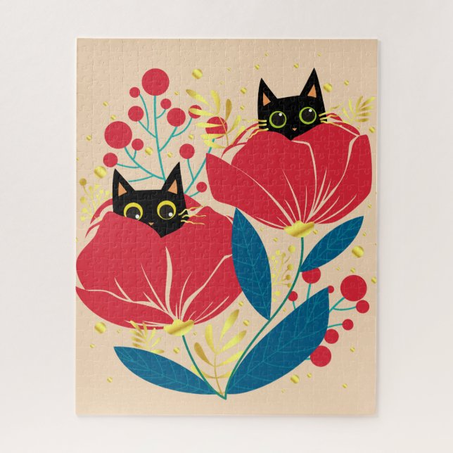 Gold Black Cat Garden Flowers Jigsaw Puzzle (Vertical)