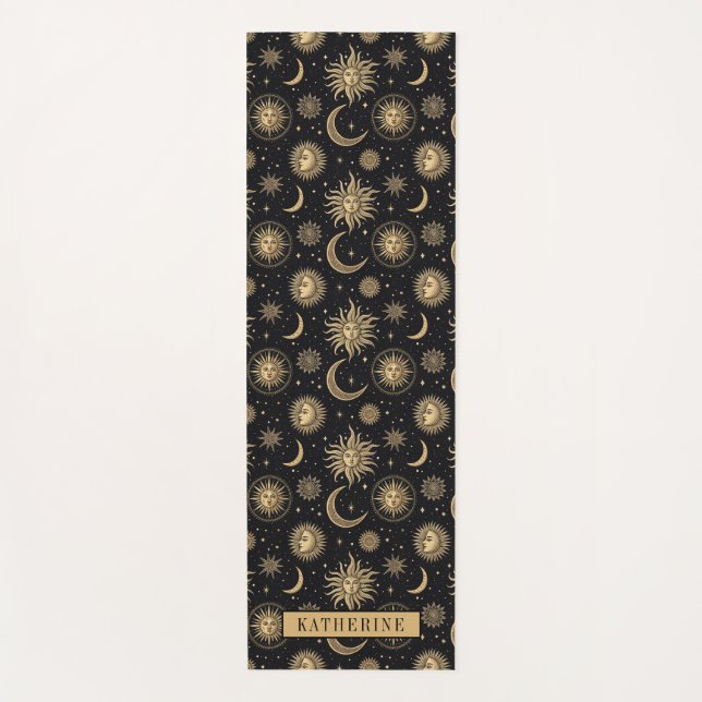 Gold Black Celestial Sun Moon Star Exercise Yoga Mat (Front)