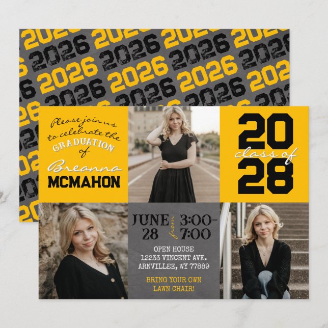 Gold & Black Chalkboard 3 Photo Graduation Invitation (Front/Back)