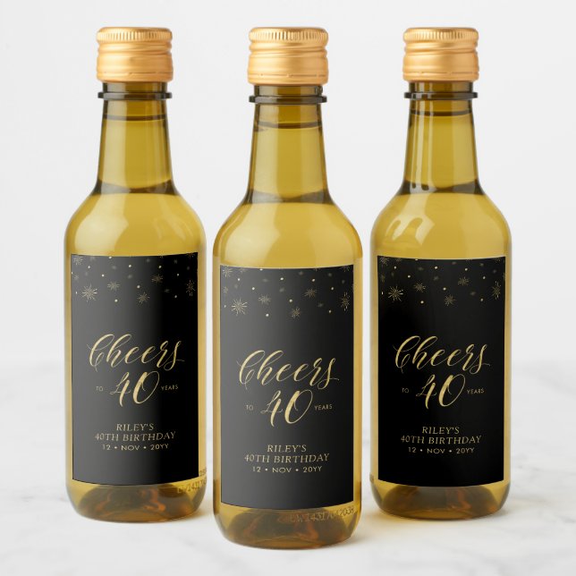 Gold & Black Cheers 40 years, 40th Birthday Party Wine Label (Bottles)